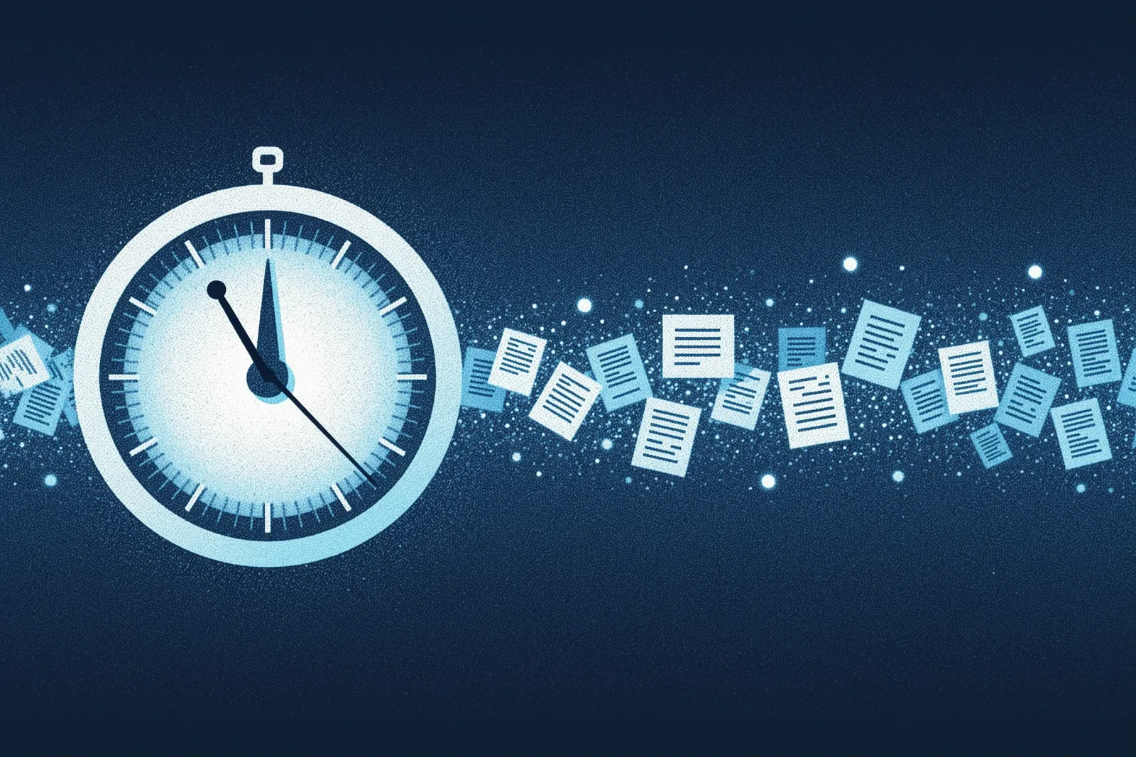 Abstract illustration of a metronome-like pulse generating a steady stream of glowing document shapes at a measured pace