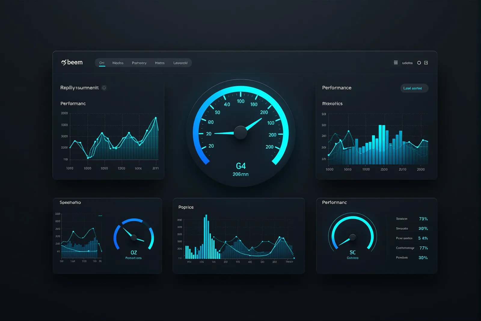 Abstract illustration of a speedometer and performance gauge dashboard with glowing blue metrics