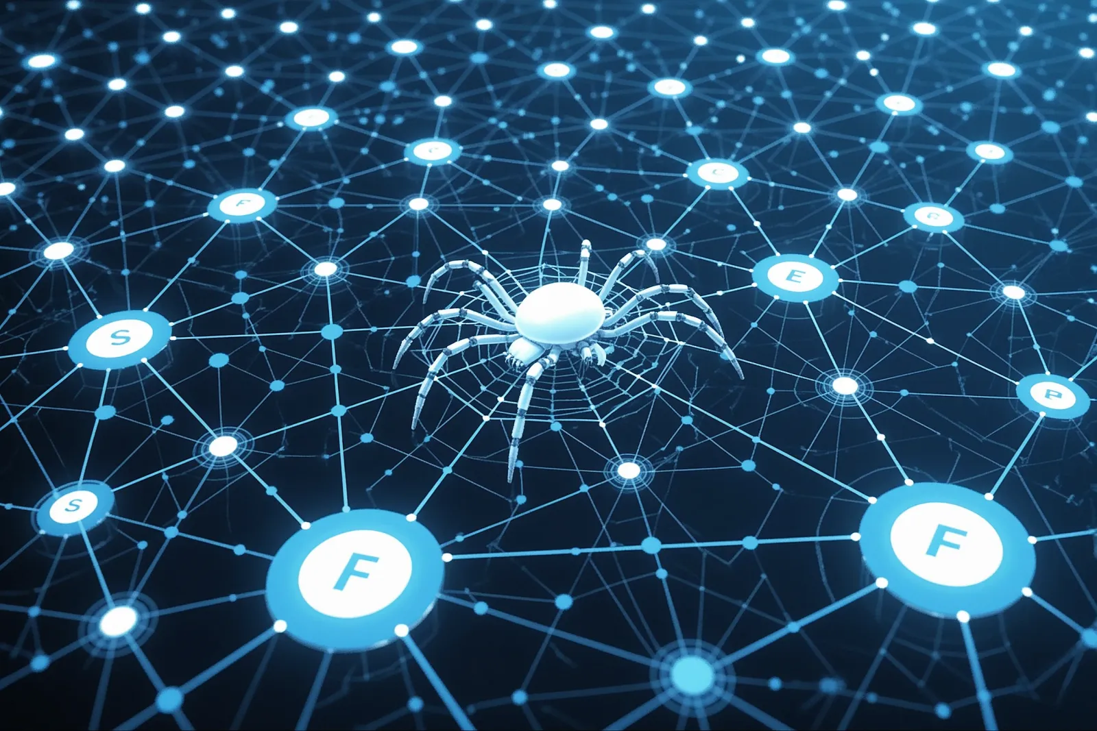 Abstract editorial illustration of a search engine crawler spider robot navigating a glowing network of website nodes and pathways