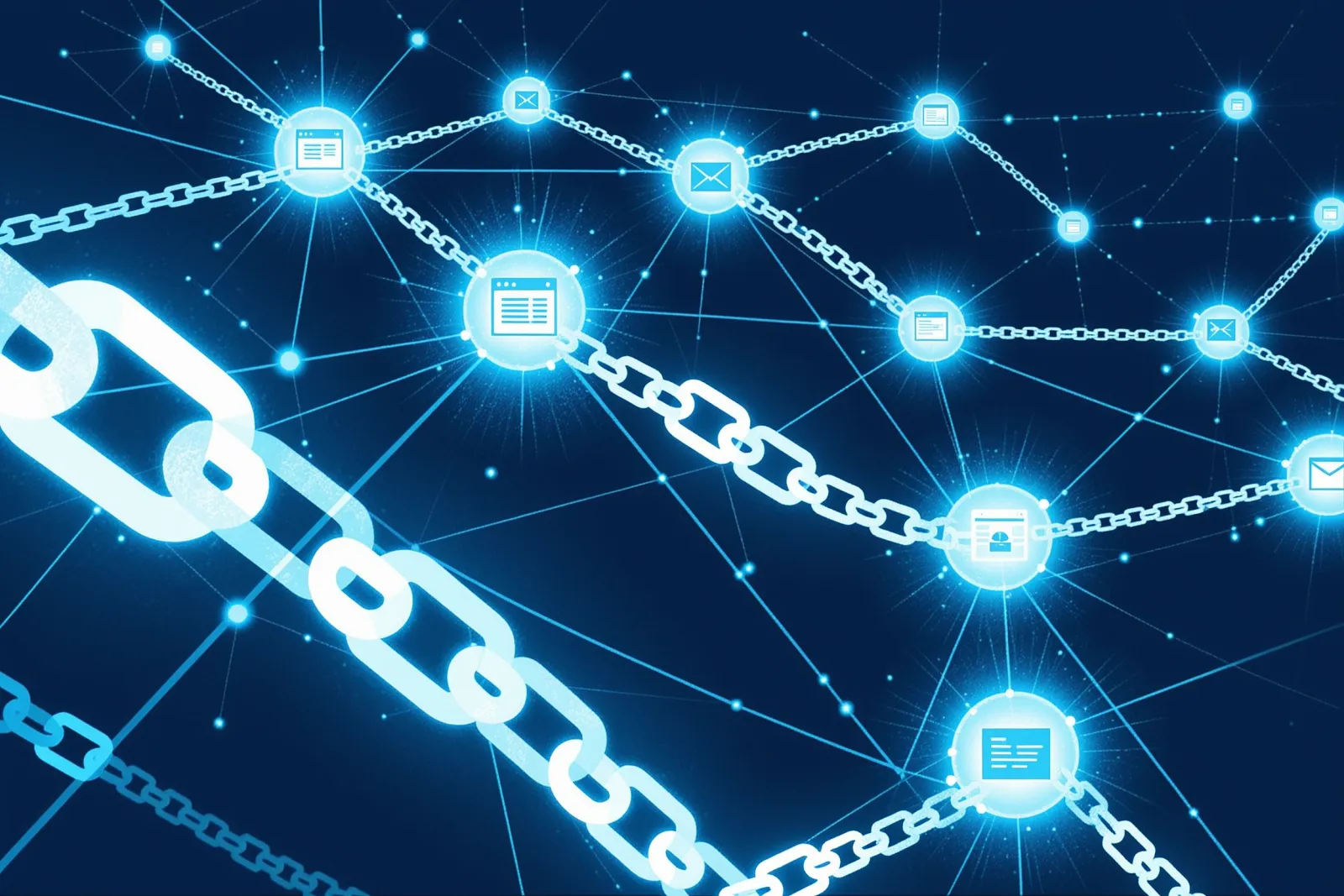 Abstract illustration of interconnected glowing chain links forming a network across nodes representing websites