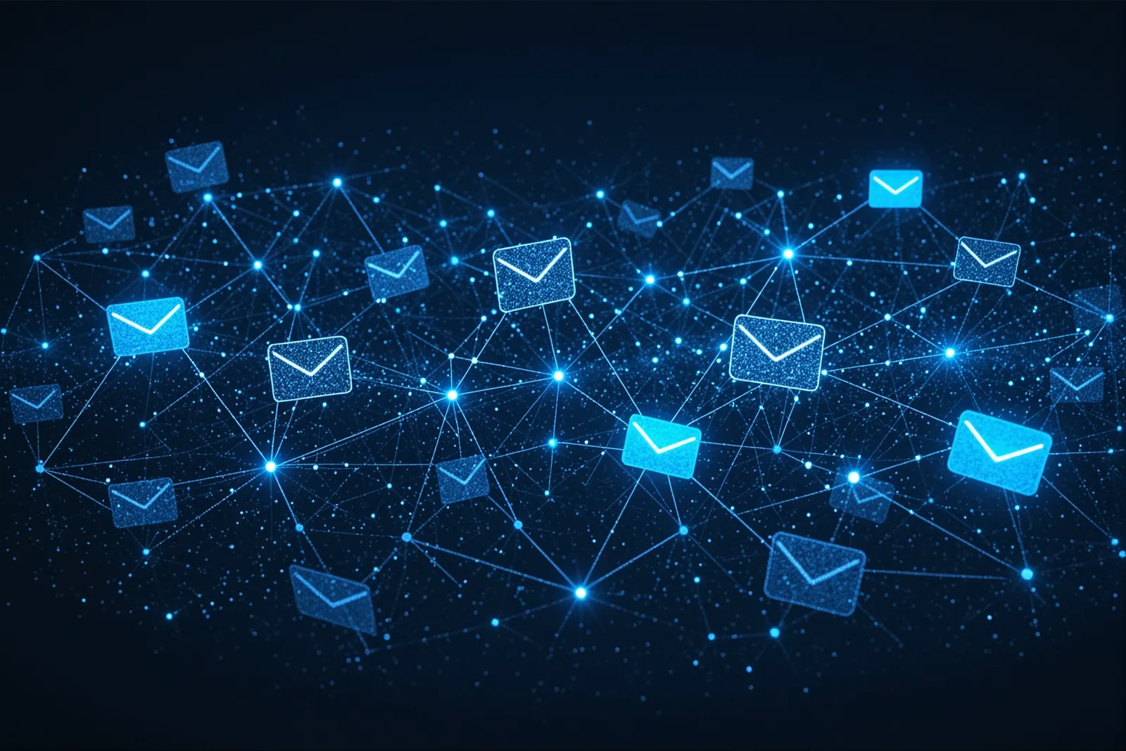 Abstract illustration of scattered source request messages converging into fewer, more direct glowing connection lines