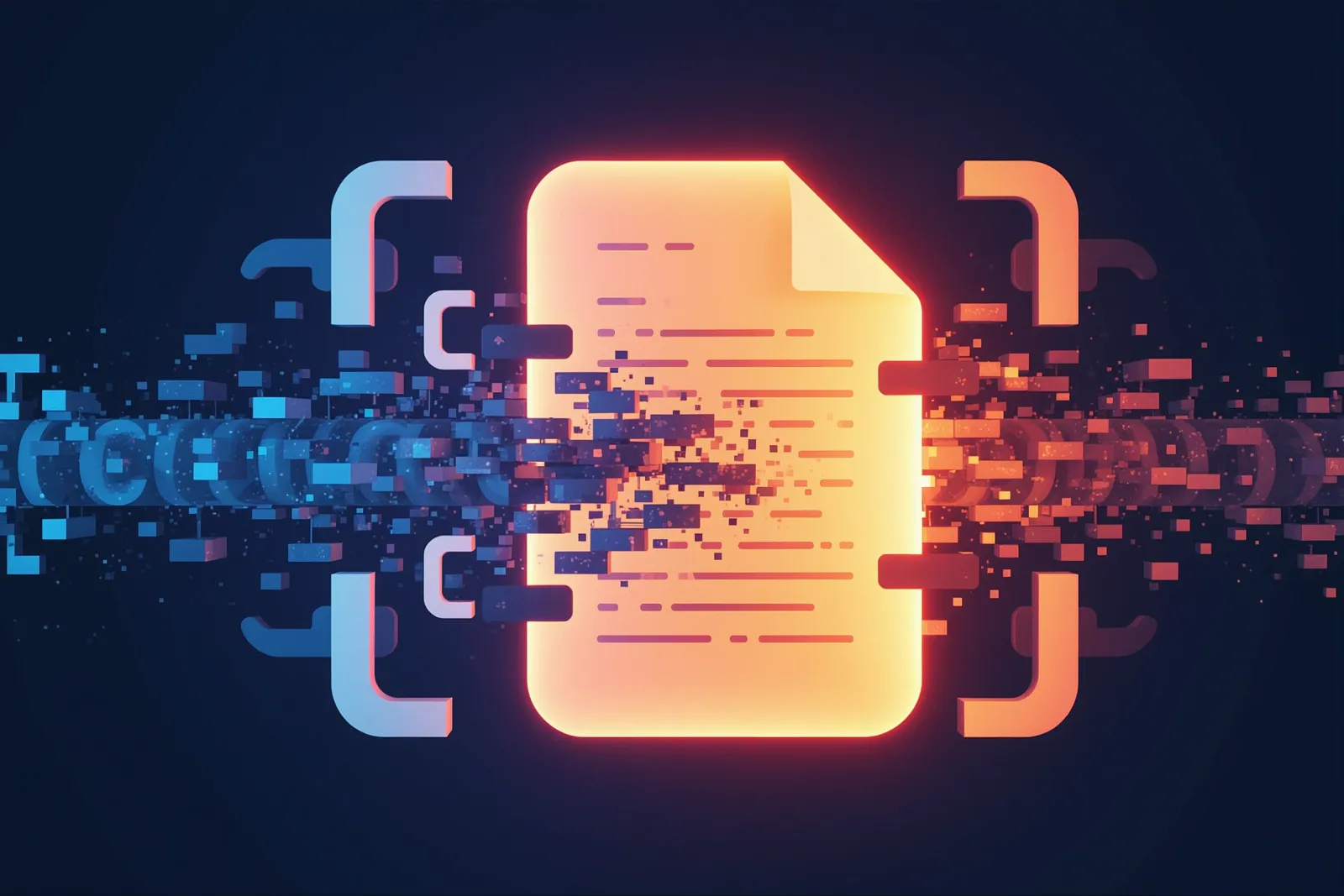 Abstract illustration of code brackets resolving into a fully rendered glowing document shape through a rendering pipeline