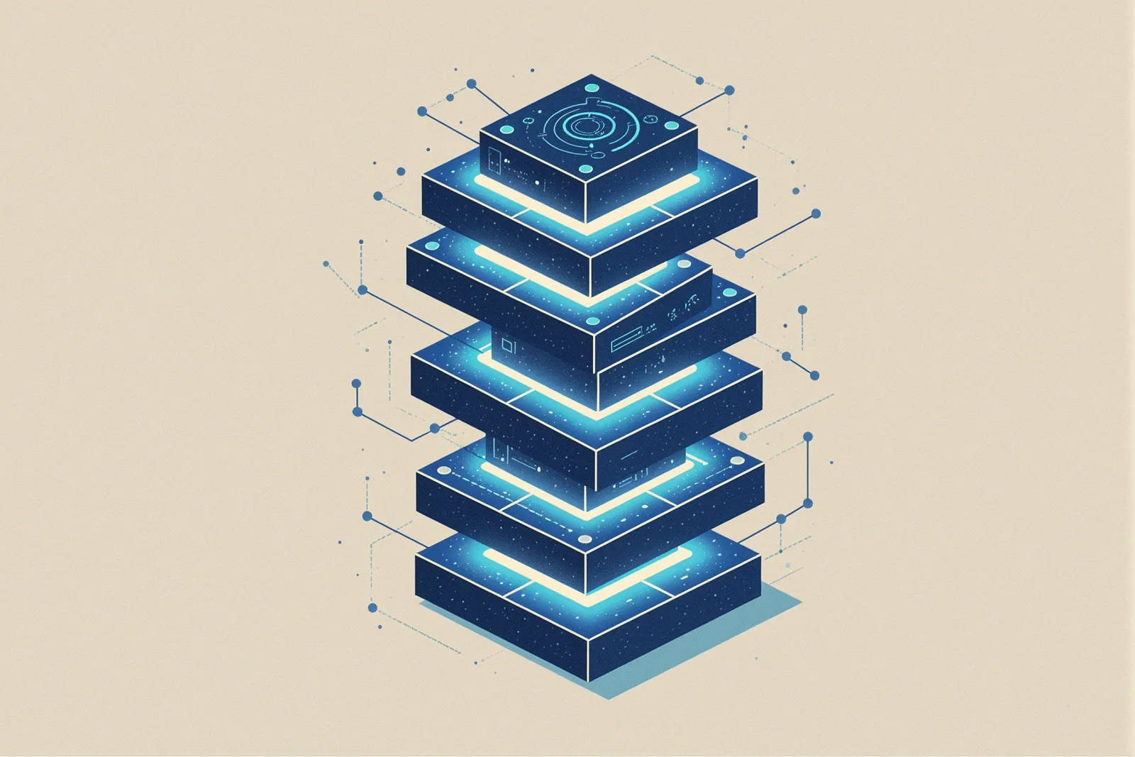 Abstract illustration of stacked glowing geometric modular blocks representing a technology toolkit