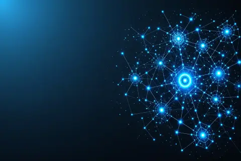 A geometric illustration of a digital search interface with AI-driven coding elements.