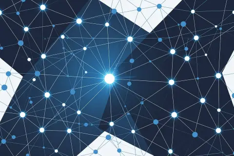 An abstract illustration of a digital landscape with AI algorithms and search engines interacting.