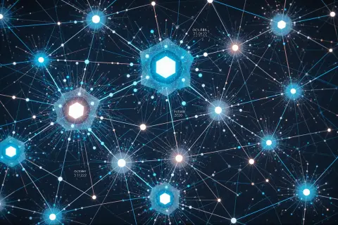 A digital illustration of a search engine algorithm analyzing data with abstract geometric shapes.