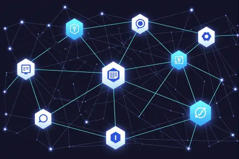 A geometric illustration of interconnected nodes representing AI content verification and tracking.