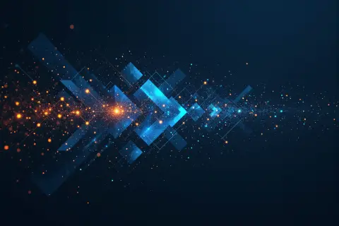 A geometric illustration of a search engine algorithm update with interconnected nodes and ranking factors.