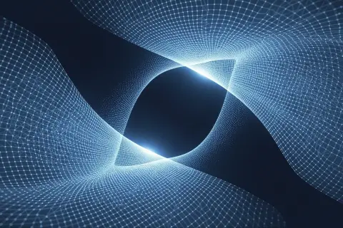 A geometric illustration of a digital ad overlaying an AI-generated image.