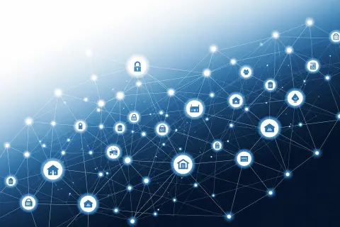 Abstract illustration of a digital landscape with interconnected nodes representing trust and accuracy in AI search.