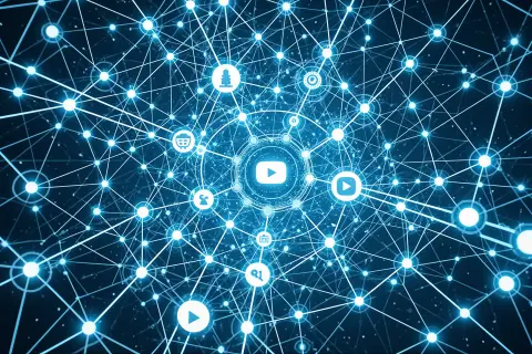 A geometric illustration of an AI assistant merging with a video interface, symbolizing the integration of AI and video content.