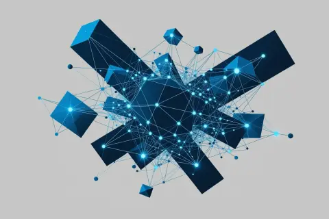 A geometric illustration of interconnected nodes representing AI search optimization guidelines.