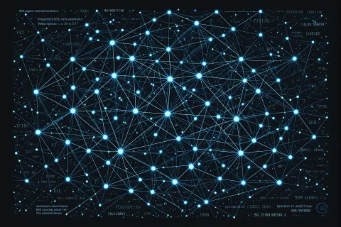 An abstract illustration of a digital landscape with interconnected nodes and pathways representing SEO updates and guidelines.