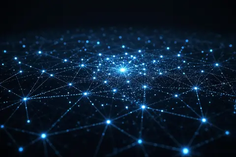 A futuristic digital landscape with interconnected nodes representing emerging technologies.