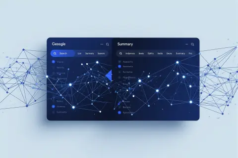 Abstract illustration of two contrasting search result layouts, a ranked list and a synthesized summary panel, connected by glowing lines