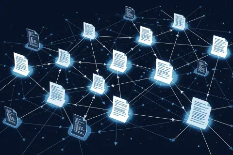 Abstract illustration of interconnected document pages linked by glowing directional arrows forming a structured network