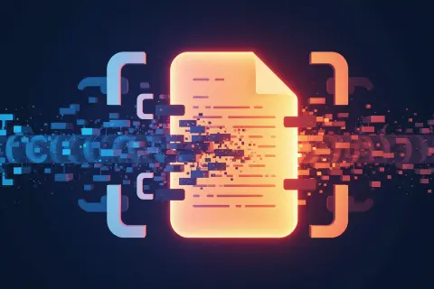 Abstract illustration of code brackets resolving into a fully rendered glowing document shape through a rendering pipeline